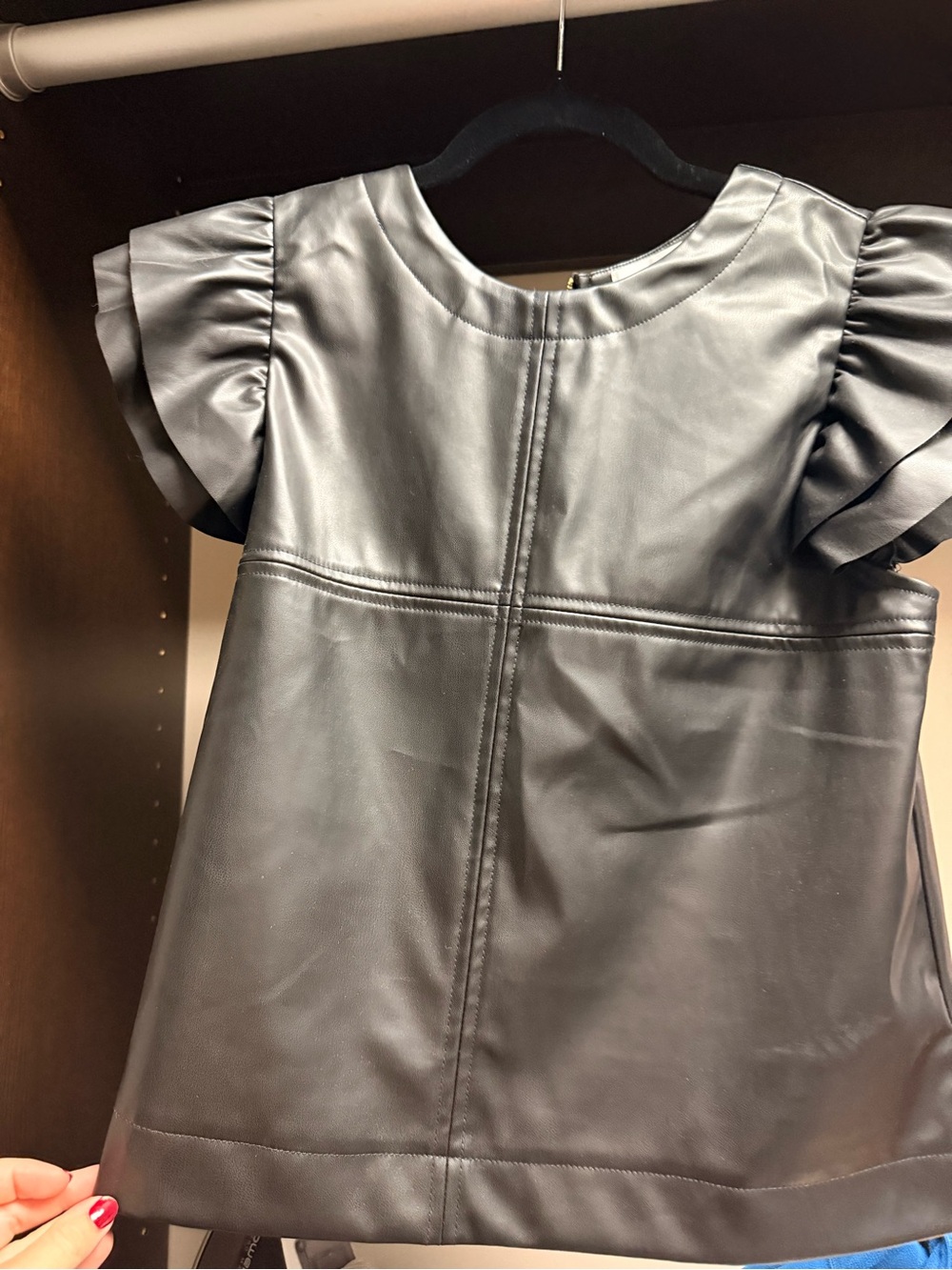 Black Faux Leather Top with Ruffle Sleeves